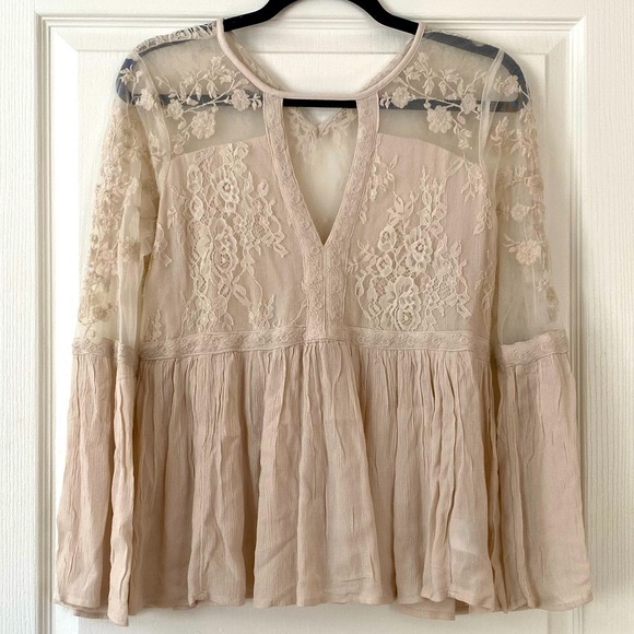 Free People Lace Peasant blouse long sleeves beige Size M New with tag - Picture 3 of 13